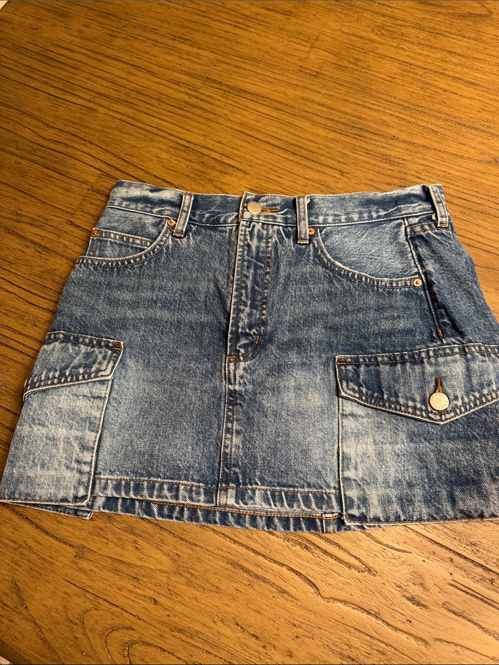 Denim Forum Light Blue Washed Denim Mini Skirt with Cargo Pockets